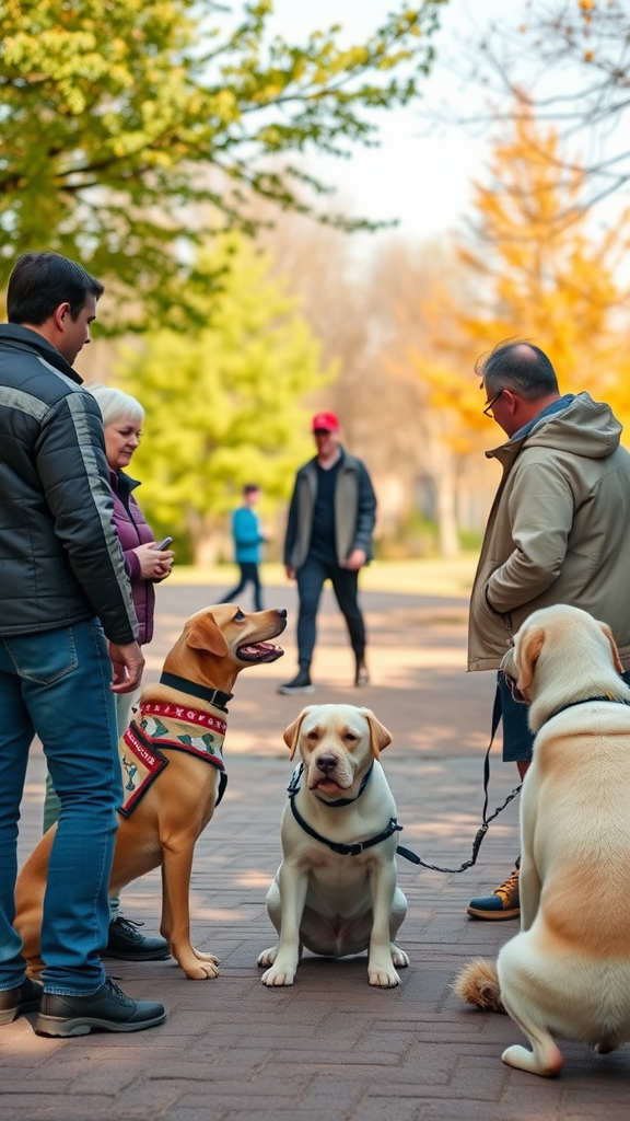 A group of people interacting with Labradors in a park setting.