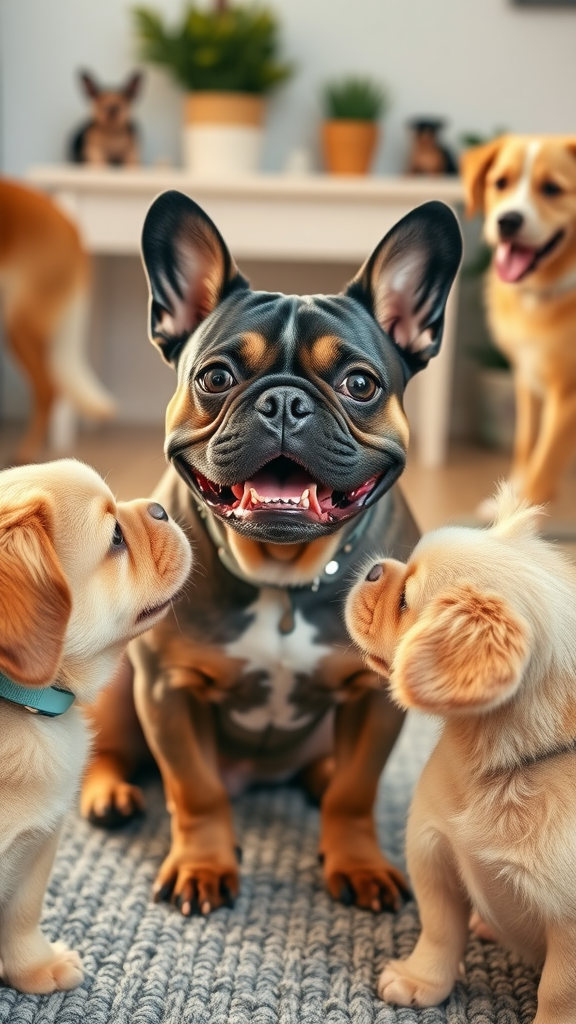 A French Bulldog surrounded by two small puppies, all looking happy and friendly.