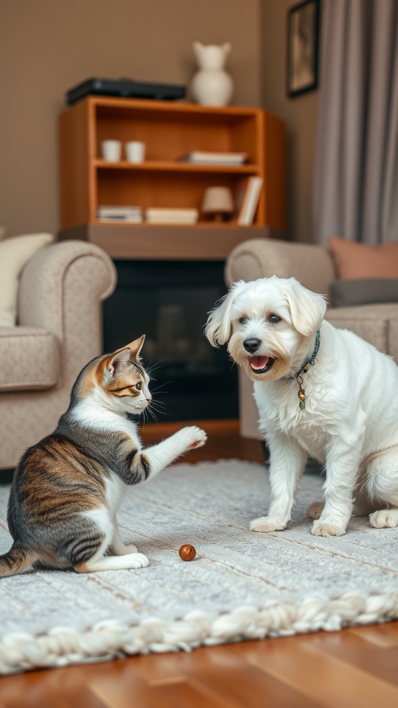 A Maltese dog playing with a cat on a rug at home.
