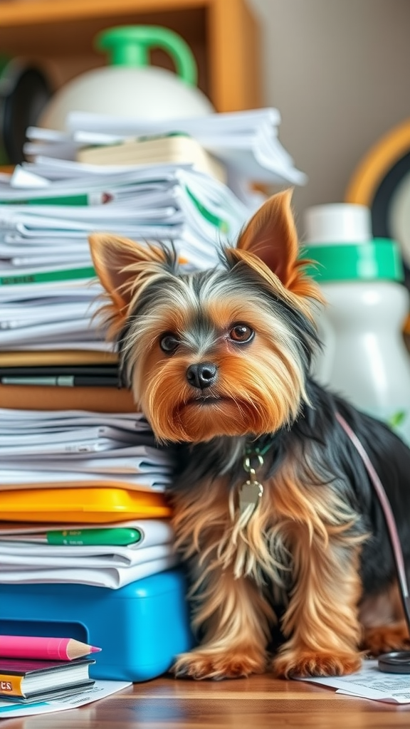 A Yorkie sitting beside a pile of papers and documents.