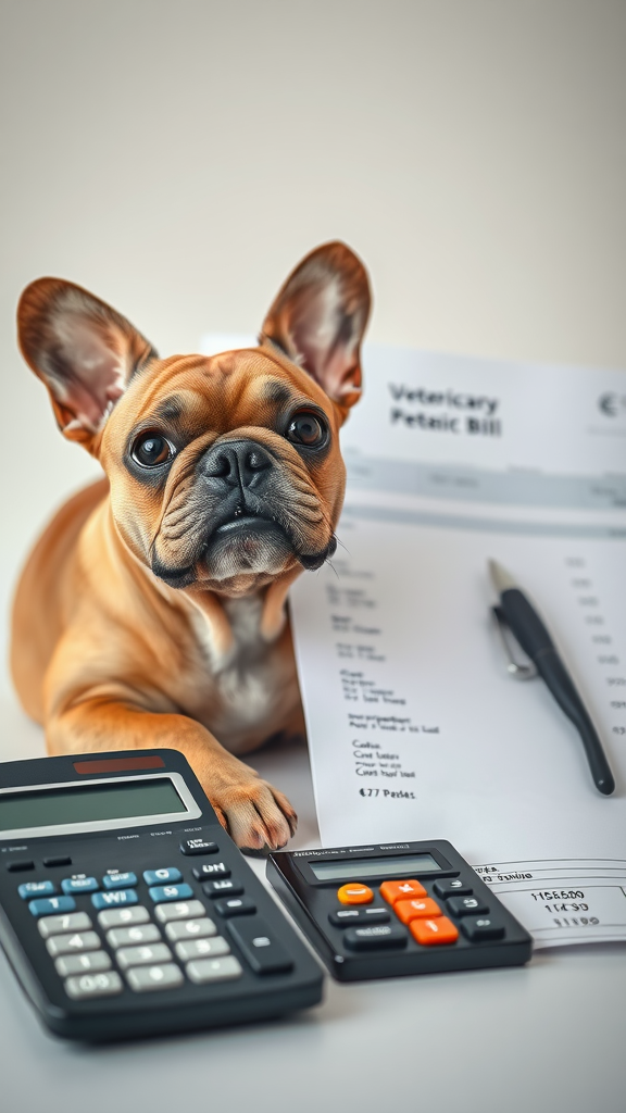 A French Bulldog sitting near a calculator and veterinary bill.
