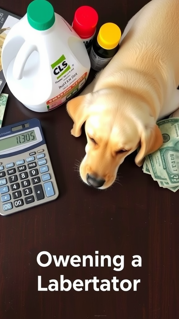 A Labrador dog resting on a table surrounded by cash, a calculator, and various pet care items.