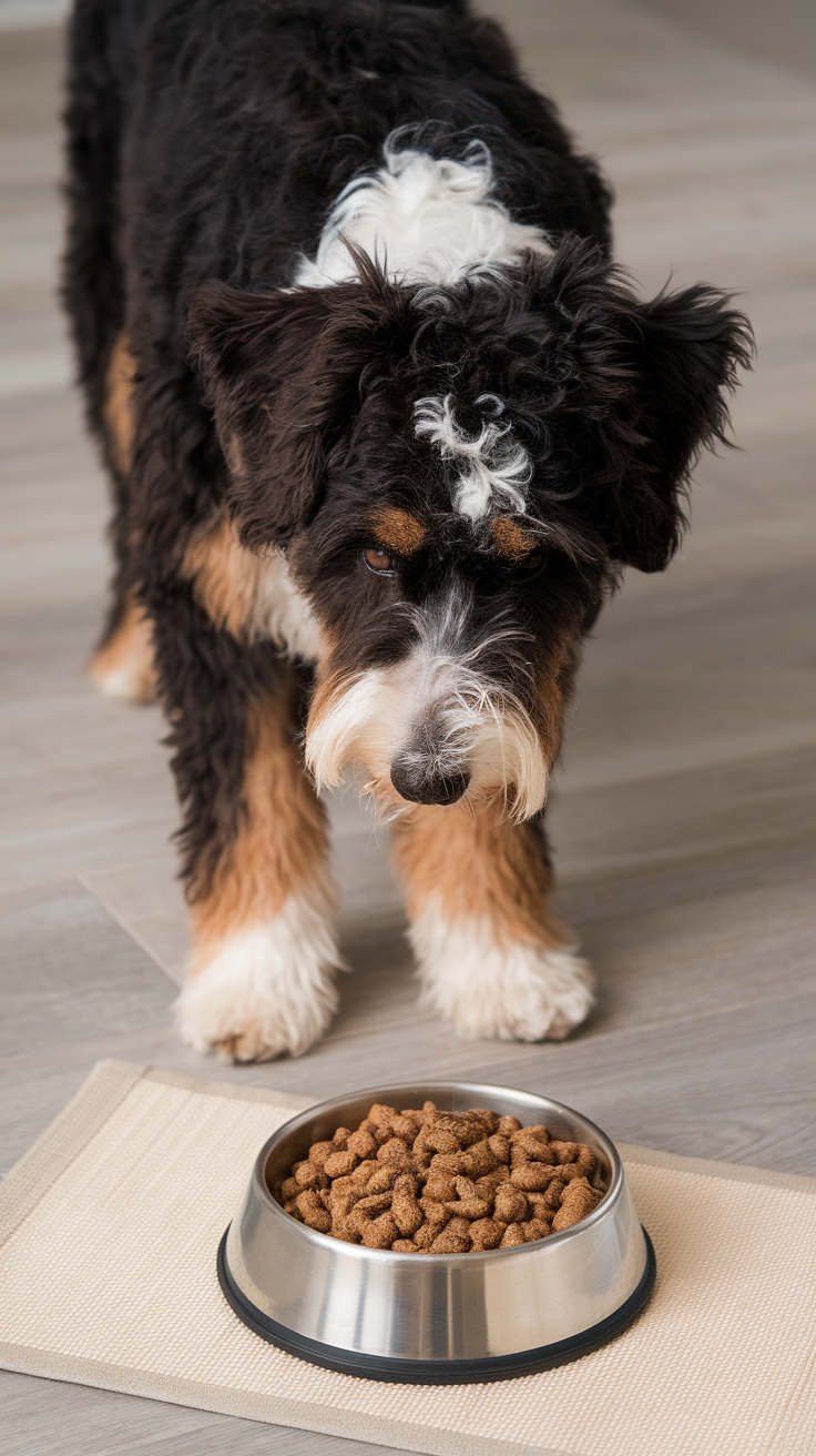 A Bernedoodle dog looking at a bowl of kibble on the floor