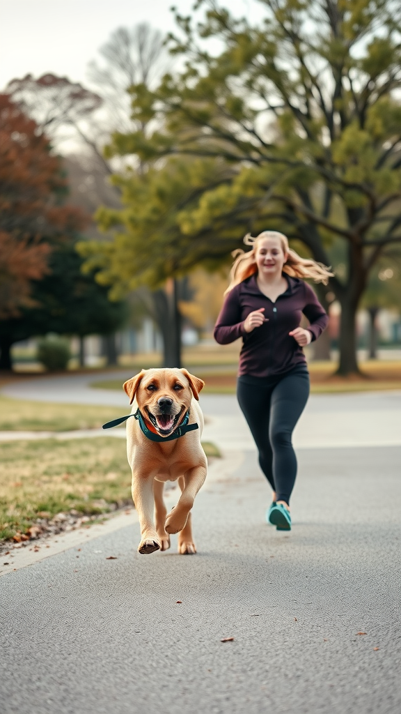 A woman running with a Labrador dog in a park
