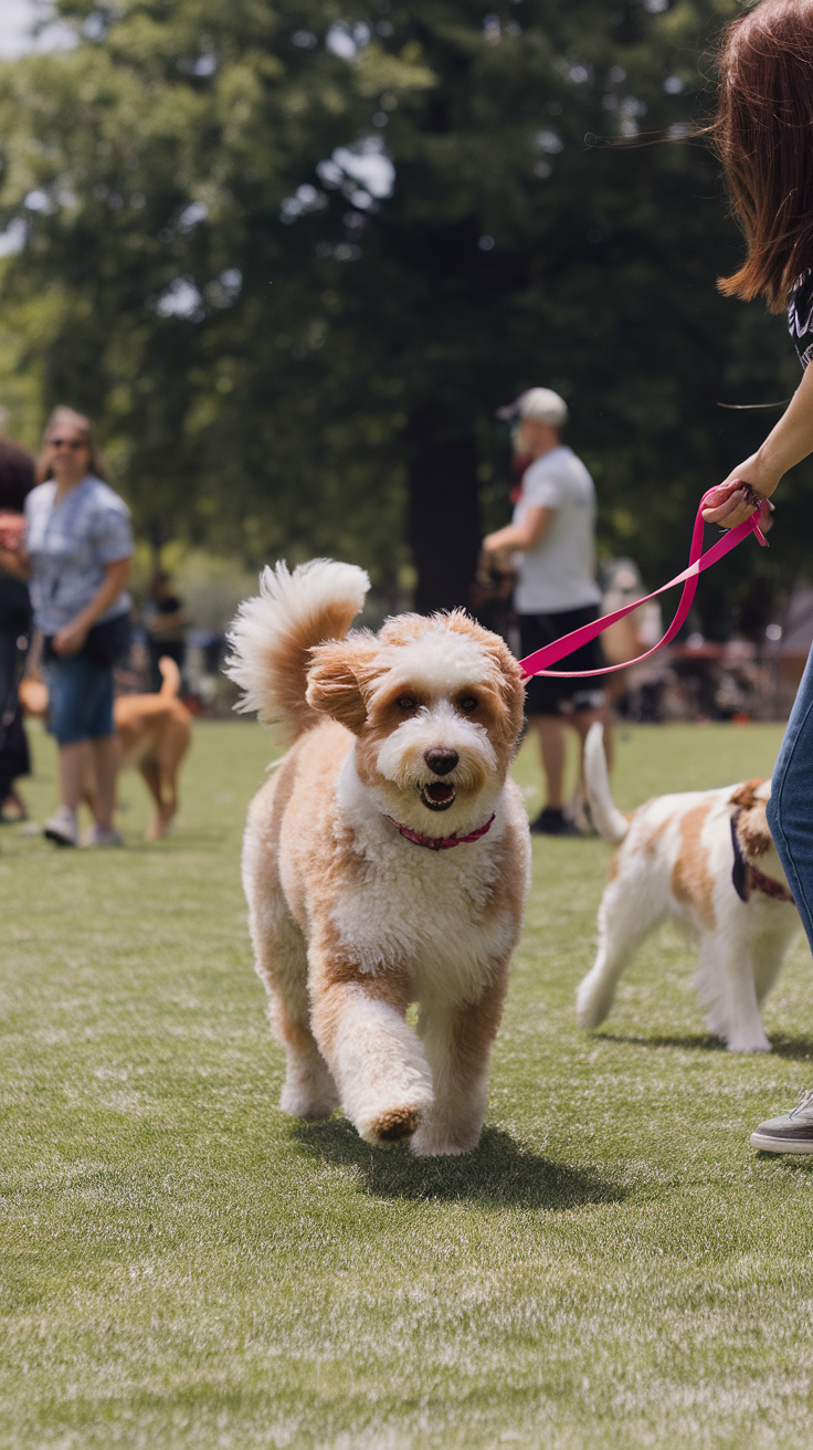 A Bernedoodle happily running on grass, being walked by a person