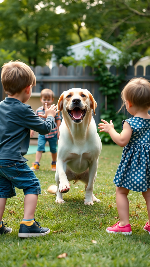 A happy Labrador retriever playing with children in a backyard.