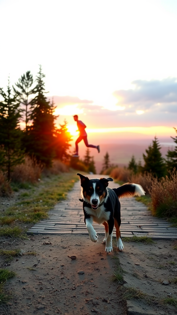 A Border Collie runs alongside a person on a trail during sunset.