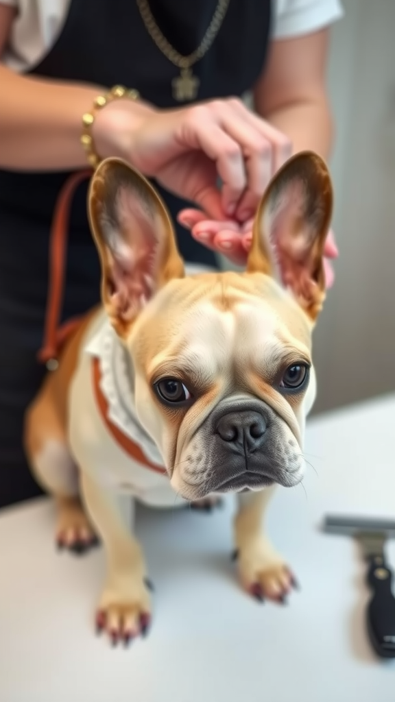A French Bulldog being groomed with a person adjusting its ears.