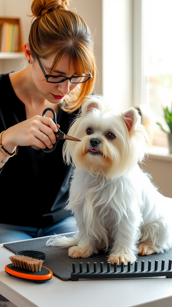 A groomer brushing the fur of a Maltese dog on a grooming table