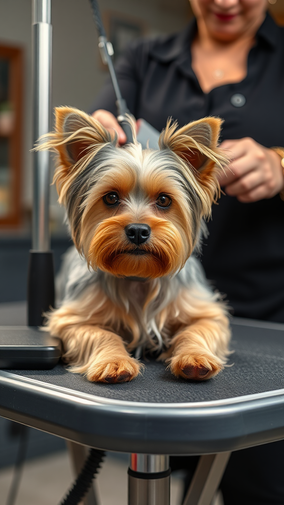 A Yorkshire Terrier being groomed by a professional.