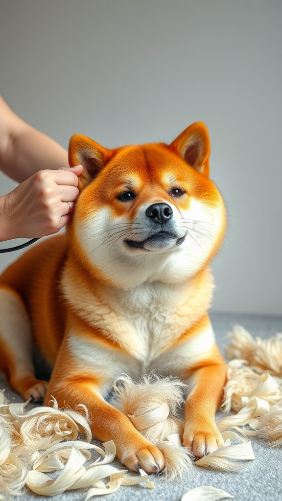 A Shiba Inu being groomed with fur around it.