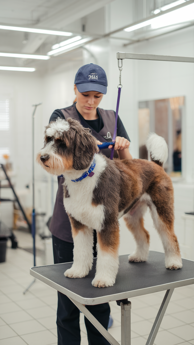 A groomer trimming a Bernedoodle on a grooming table