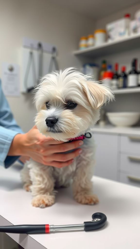 A Maltese dog being examined by a veterinarian in a clinic.