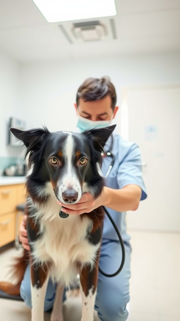 A Border Collie being examined by a veterinarian.