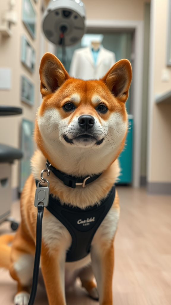 A Shiba Inu sitting with a leash, looking healthy and alert.