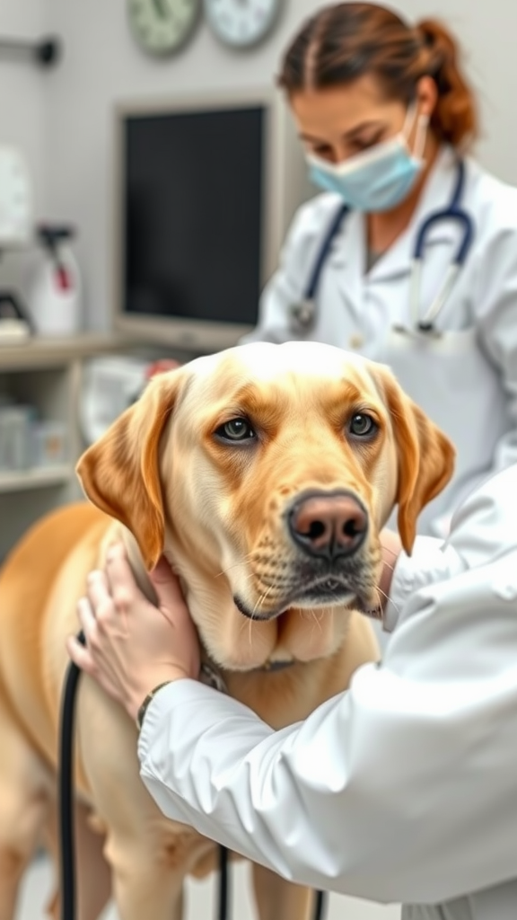 A Labrador being examined by a veterinarian in a clinic.