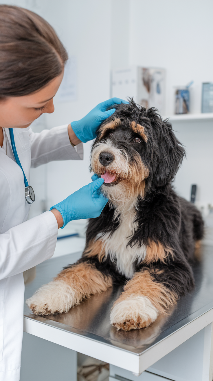 A veterinarian examining a Bernedoodle at a clinic.