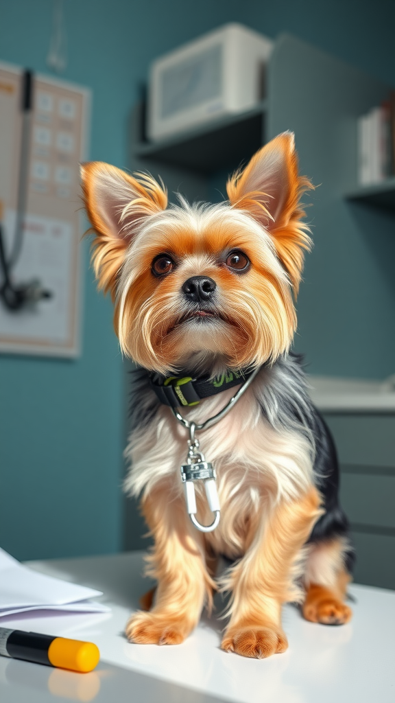 A Yorkshire Terrier sitting on a table in a veterinary office.