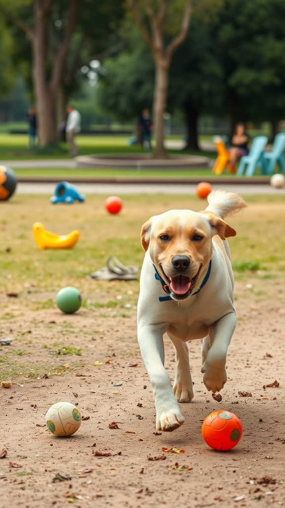 A happy Labrador dog running in a park surrounded by colorful balls.