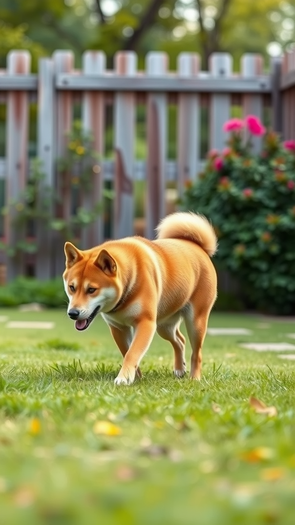 A Shiba Inu walking happily in a garden.
