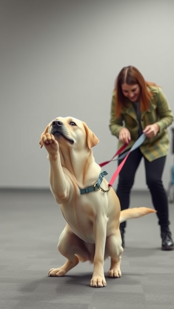 A Labrador dog sitting attentively while being trained by a person.