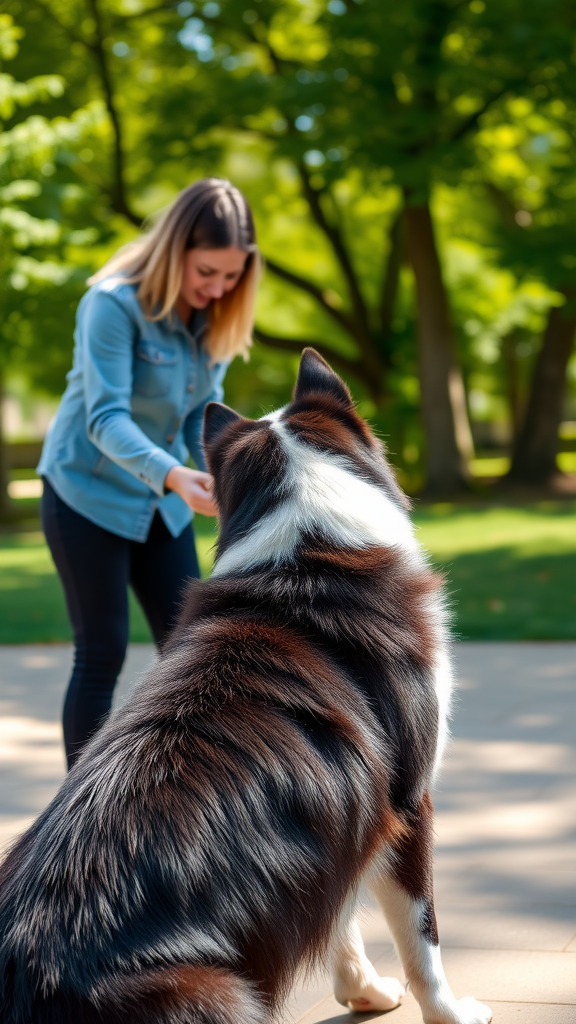 A woman training a Border Collie in a park