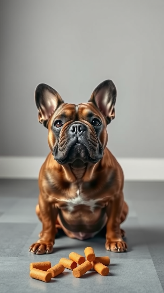 A French Bulldog sitting in front of dog treats, showcasing its intelligent yet stubborn personality.