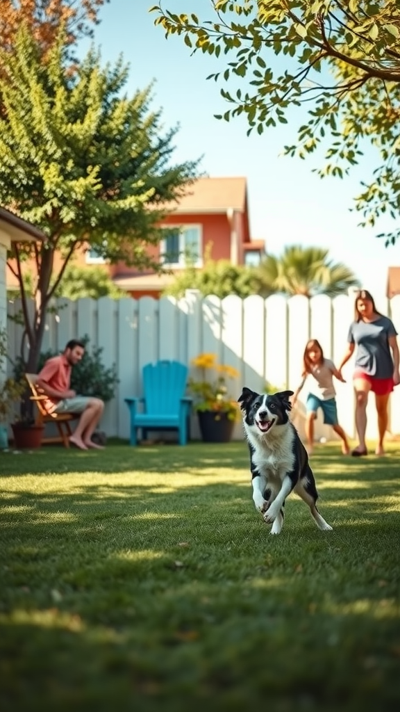 A happy Border Collie running in a sunny backyard with a family playing.
