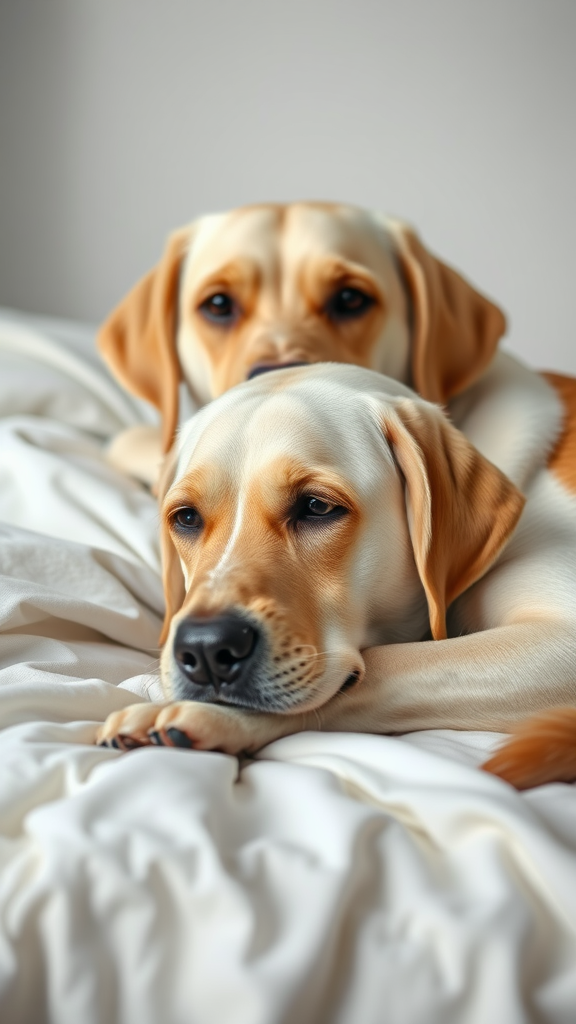 Two Labrador dogs resting on a bed, displaying calm and gentle expressions.