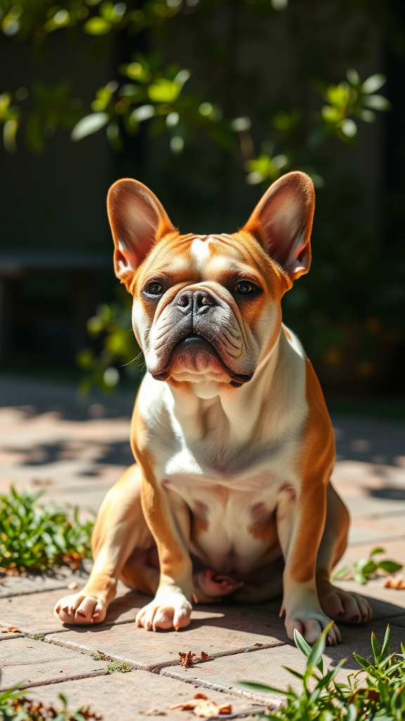 A French Bulldog sitting on a patio with greenery in the background.