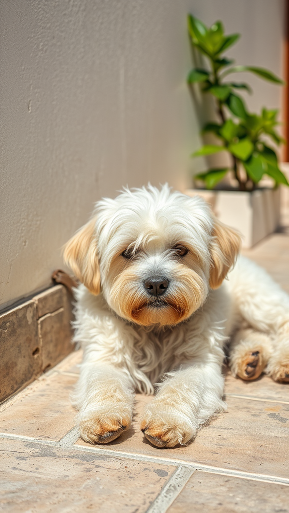 A Maltese dog lounging comfortably on a tiled floor with a plant in the background.