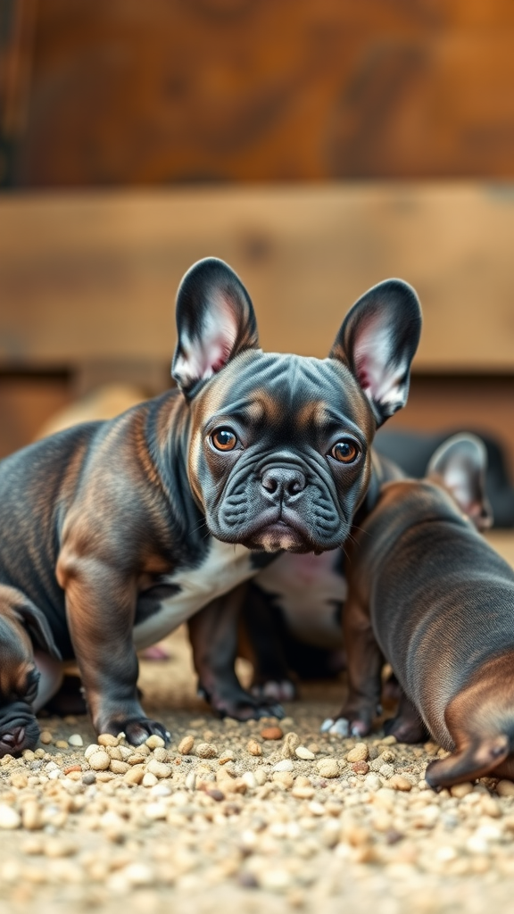 A group of French Bulldog puppies playing on a sandy surface.