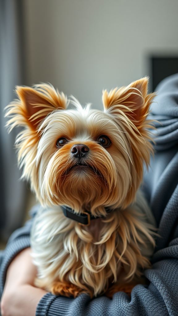 A cute Yorkshire Terrier with fluffy fur sitting in a person's lap.