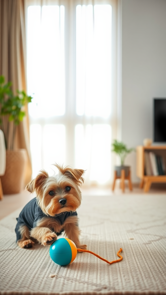 A cute Yorkie playing with a colorful ball in a cozy indoor setting.