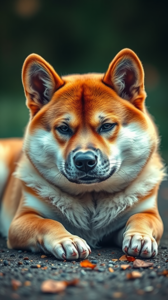 A Shiba Inu lying down, staring directly at the camera with a calm expression.