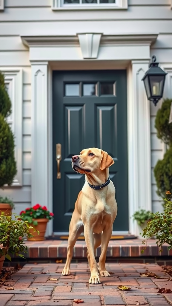 A Labrador standing guard at the front door of a home