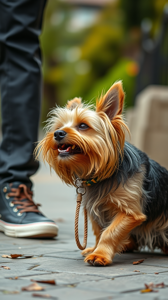 A Yorkie dog happily walking beside its owner on a path.