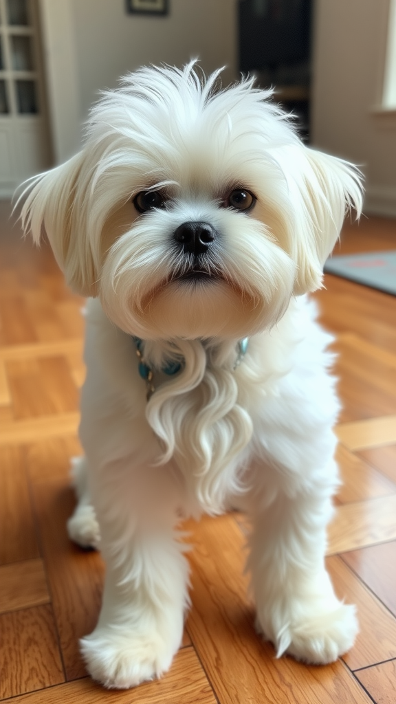 A cute Maltese dog sitting on a wooden floor.