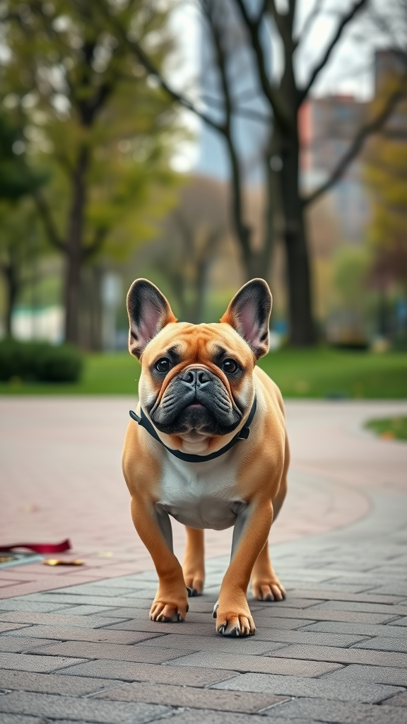 A French Bulldog walking on a paved path in a park.