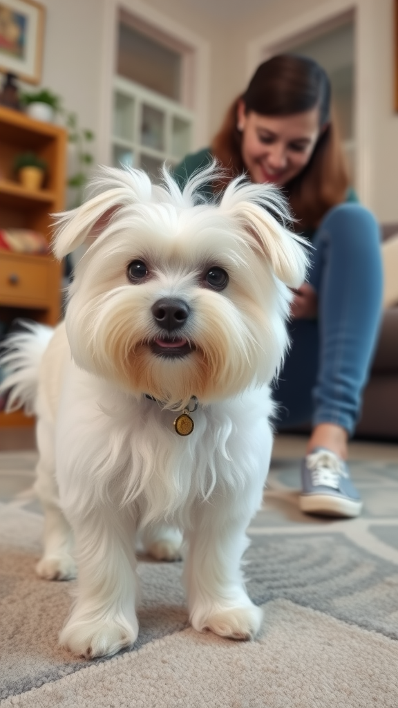 A Maltese dog standing in a living room with a person smiling in the background.