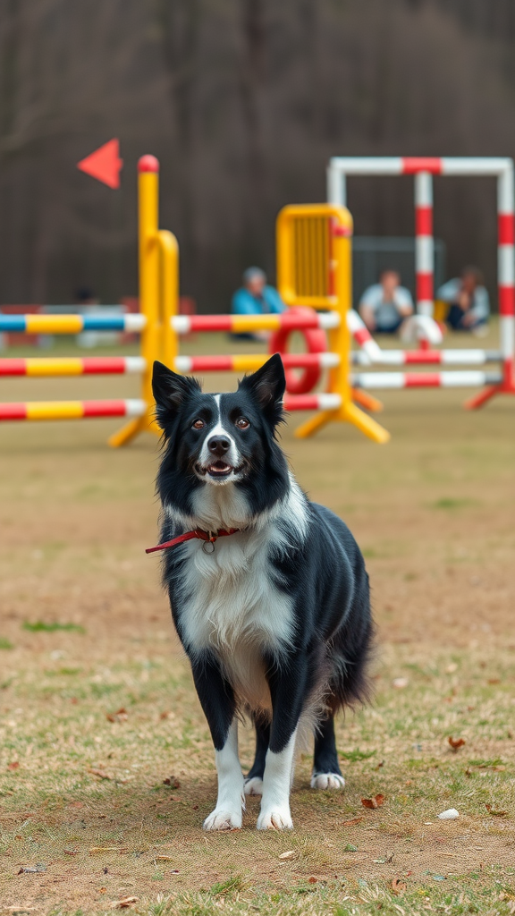 A Border Collie standing in a training field with agility equipment in the background.