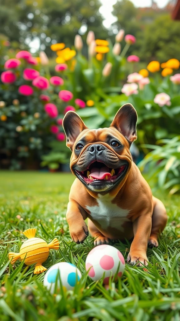 A happy French Bulldog surrounded by colorful toys and flowers.