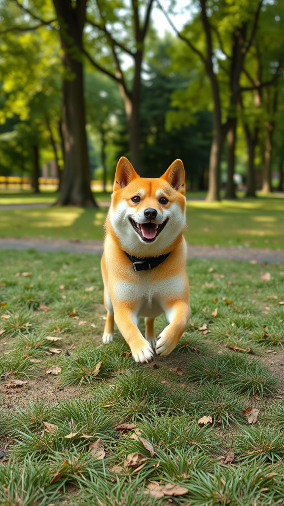 A happy Shiba Inu running in a park