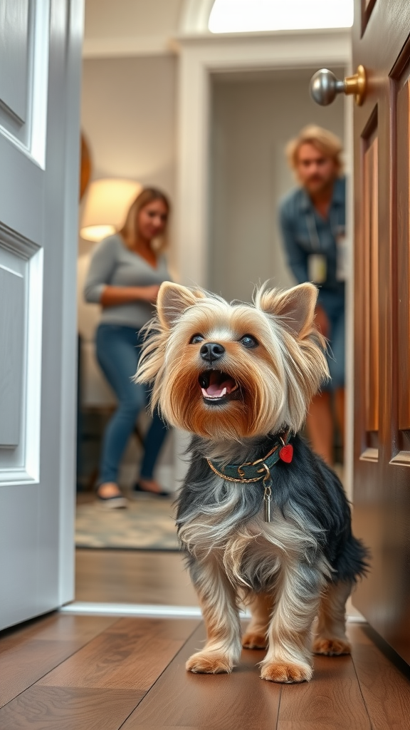 A lively Yorkie standing at the entrance of a home, looking cheerful while a couple is in the background.