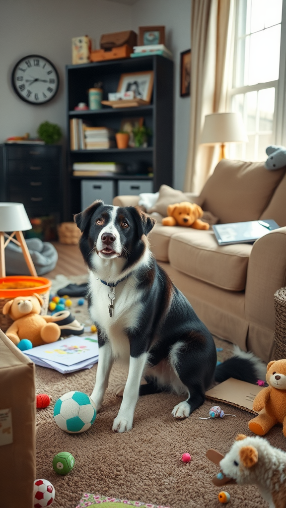 A Border Collie sitting in a messy living room filled with toys and scattered papers.