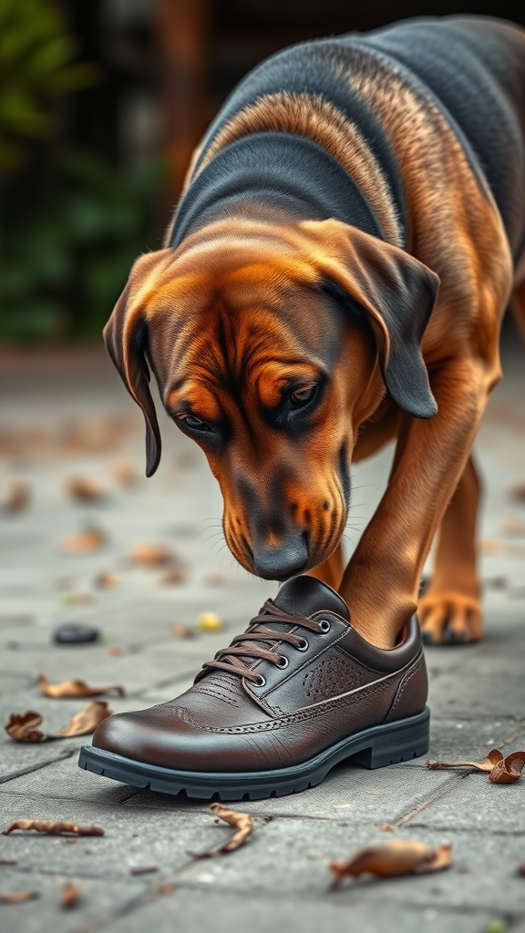 A Labrador dog playfully chewing on a brown shoe.