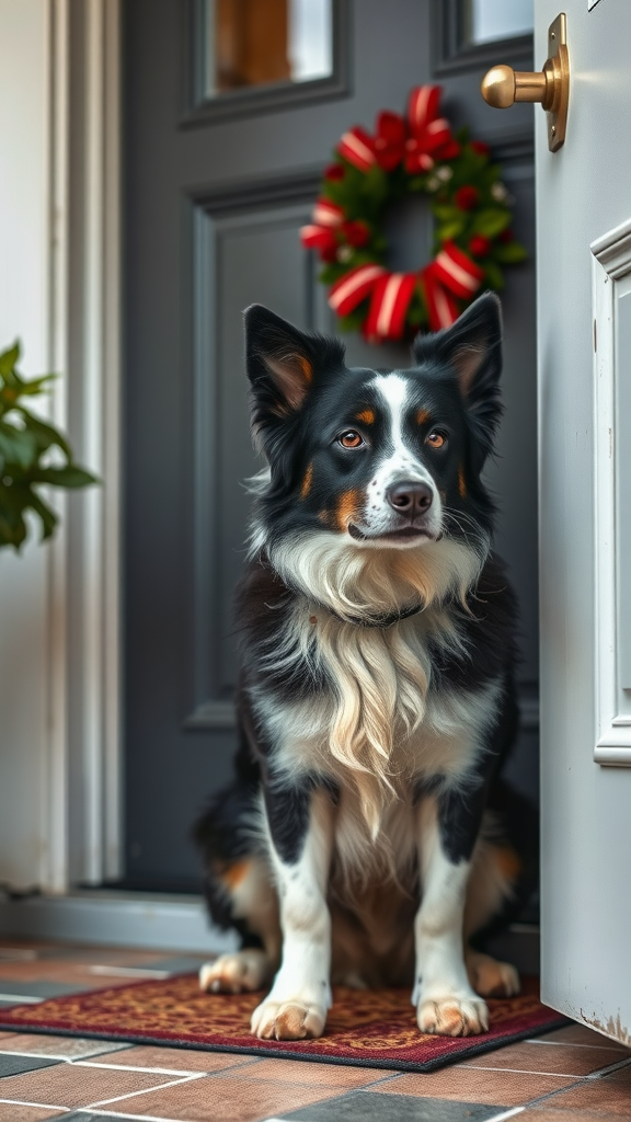 A Border Collie sitting by a door with a wreath, looking attentive.