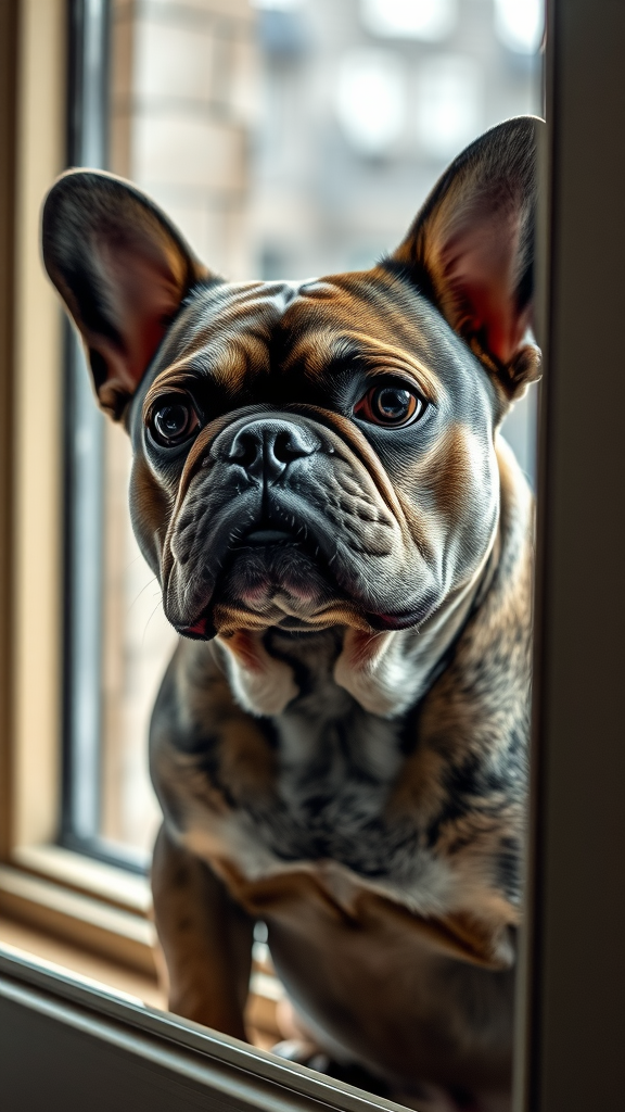 French Bulldog looking out the window, showing concern