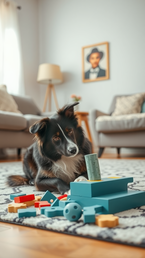 A Border Collie engaging with colorful building blocks on a rug in a cozy living room.