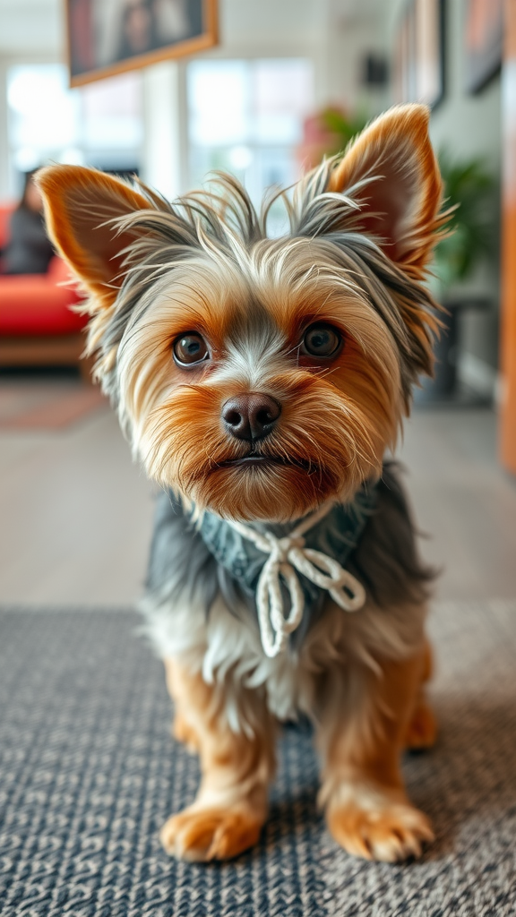 A cute Yorkie sitting on a rug, showcasing its fluffy fur and expressive eyes.